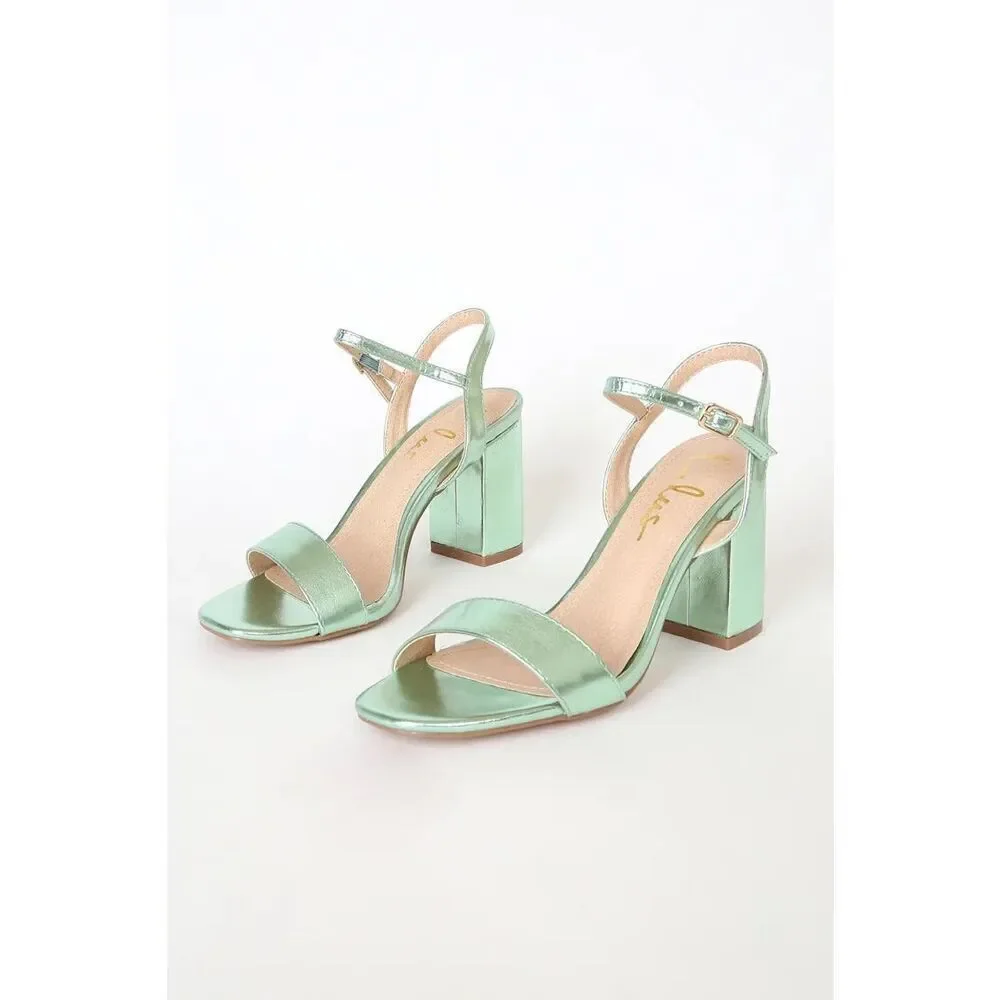 Lulus Womens Metallic Green Sandal High Heel Wedge Shoe Sz 6